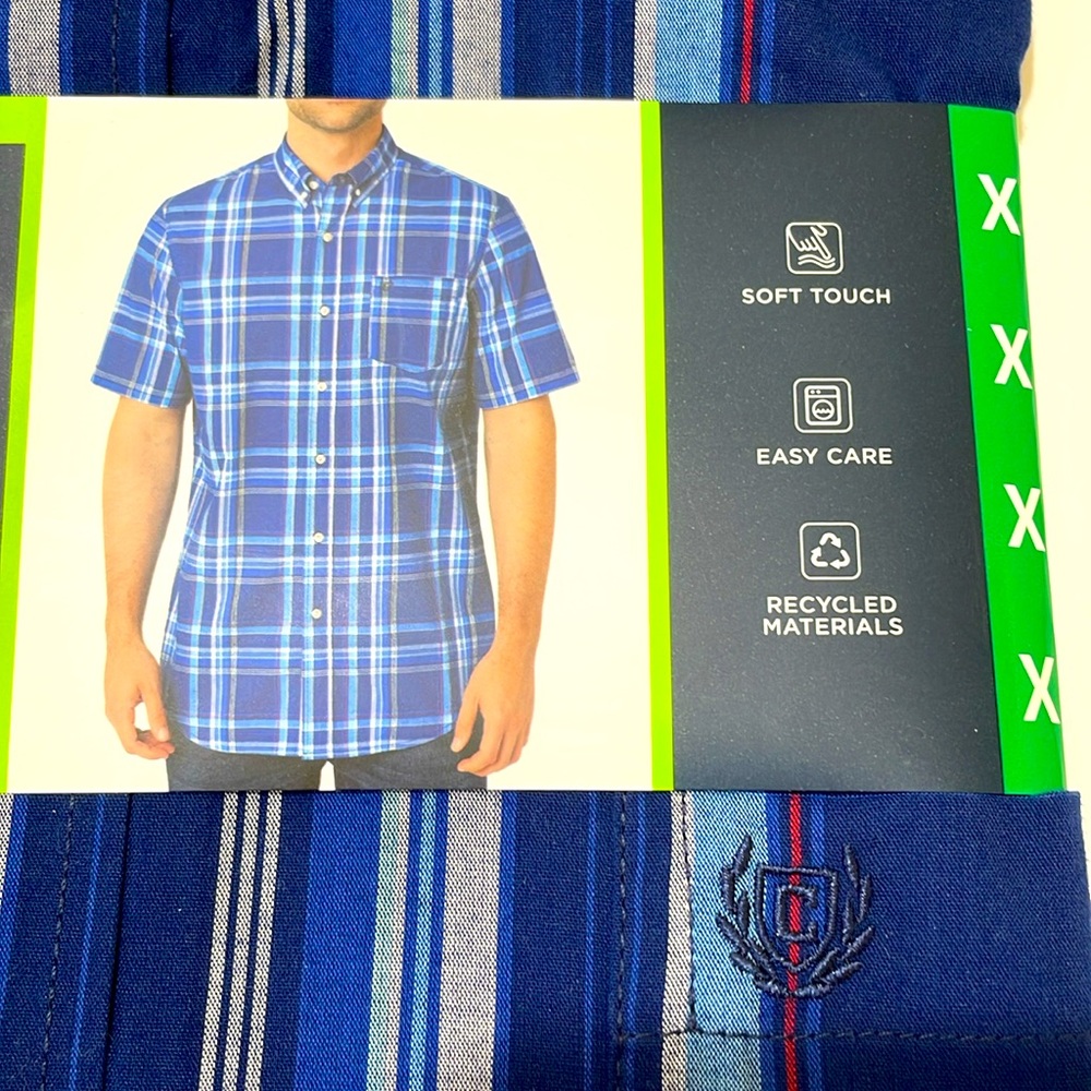 NWT CHAPS Men’s Blue Easy Care Cotton Shirt Short Sleeve Classic Fit Size XL